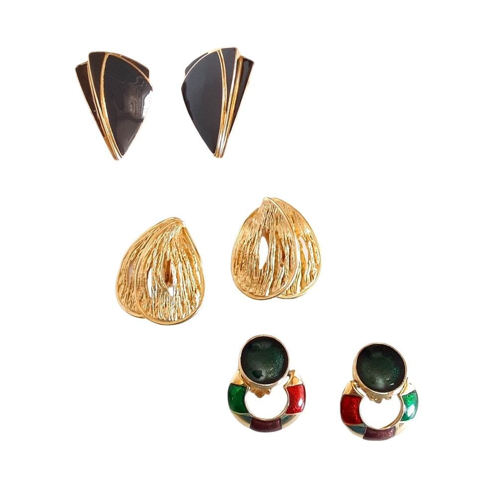 Vintage 80s Costume Jewelry Clip On Earrings 3 Pairs Craft L. Bott Doorknocker